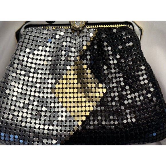 Vintage Black Silver Gold Metallic Zippered Evening Bag Purse Chain Strap - Picture 9 of 11